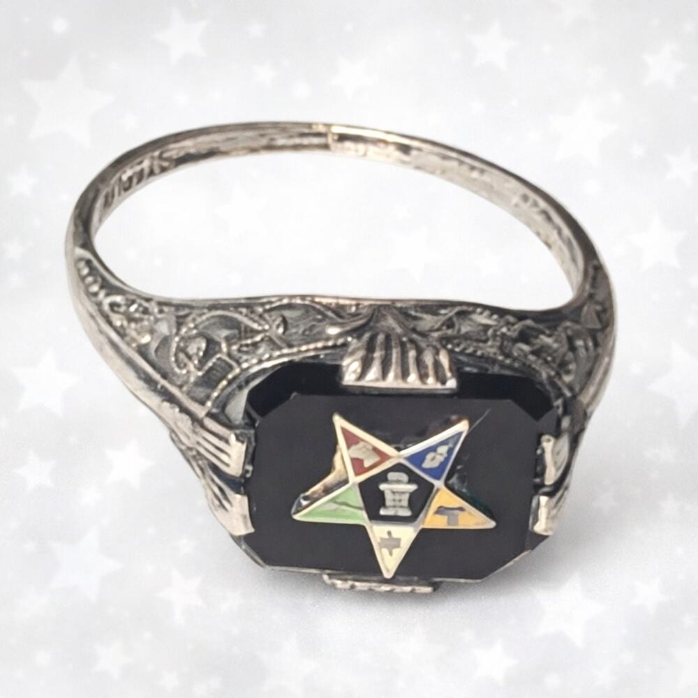 Vintage Sterling Silver Onyx Eastern Star Ring Filigree Size 5.75